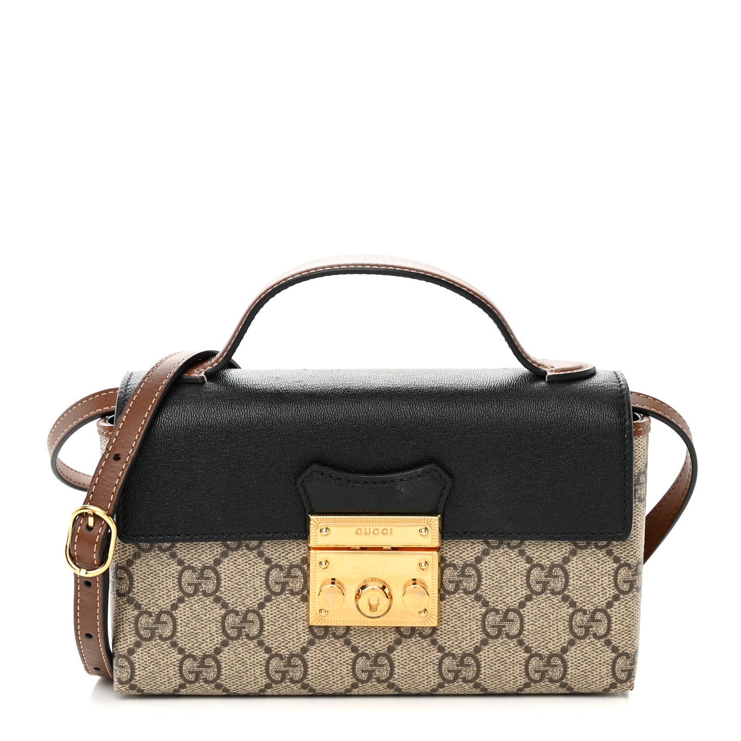 GG Supreme Monogram Calfskin Mini Padlock Top Handle Shoulder Bag Beige Black Cuir
