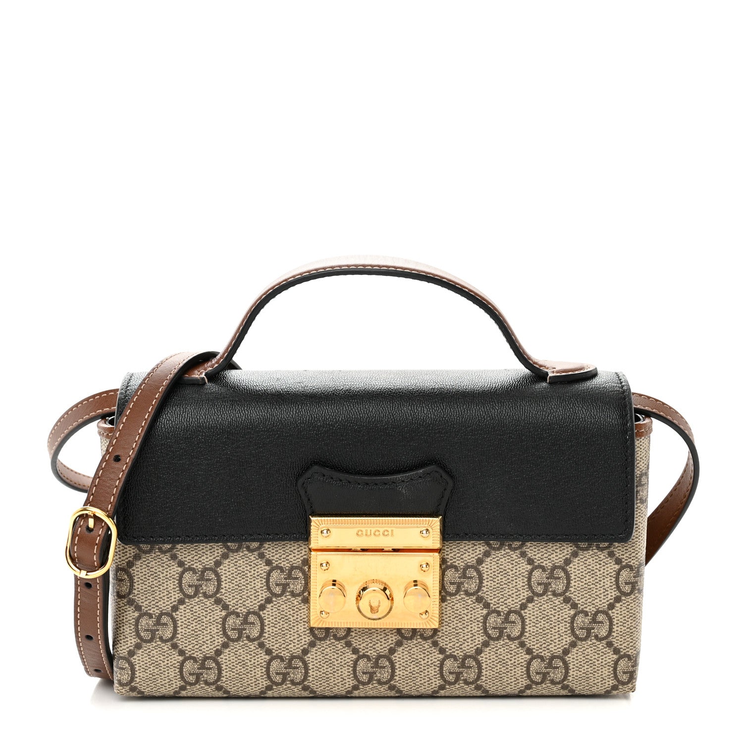 Gucci GG Supreme Monogram Calfskin Mini Padlock Top Handle Shoulder Bag Beige Black Cuir 1 of 13