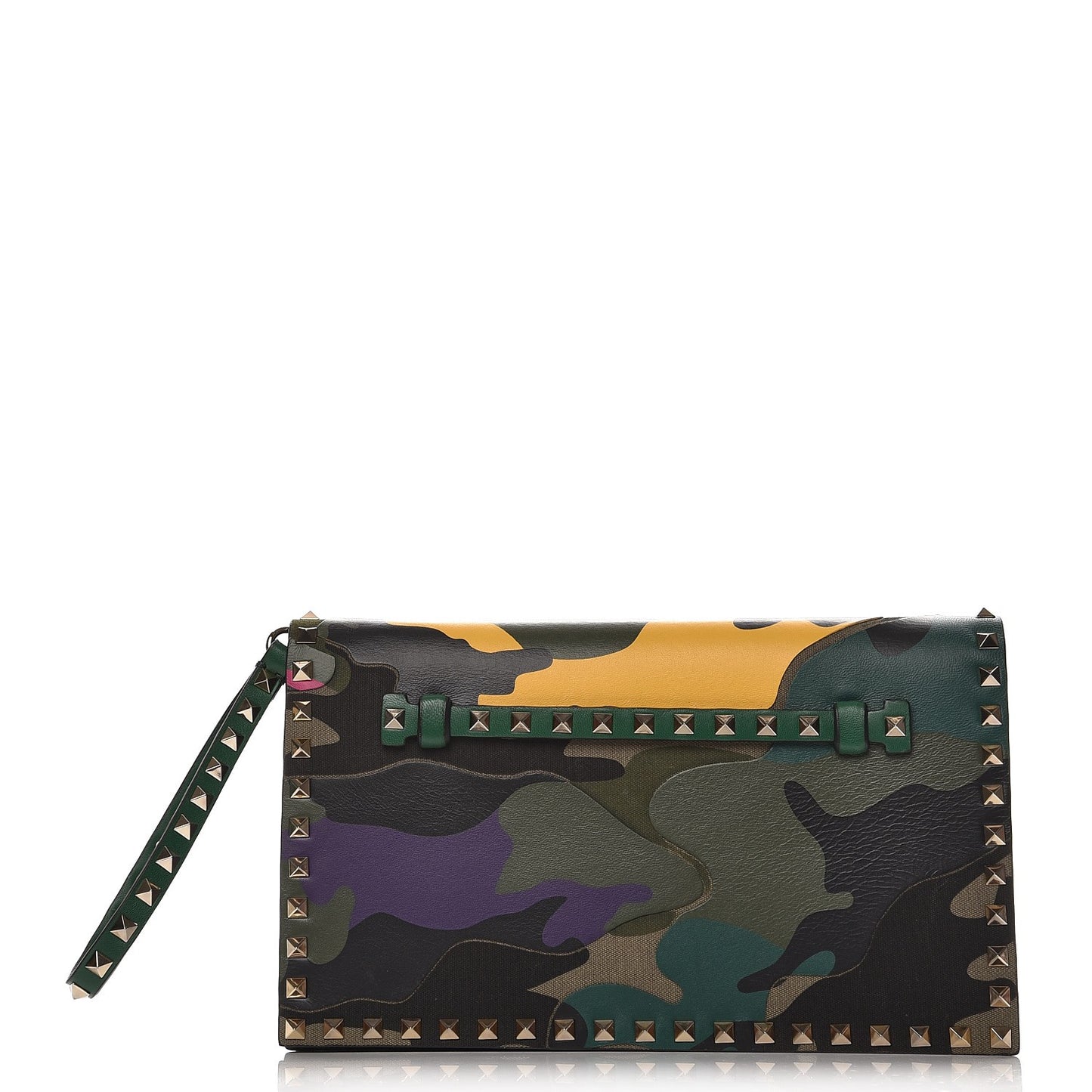 Nappa Canvas Camouflage Rockstud Wristlet Clutch Multicolor
