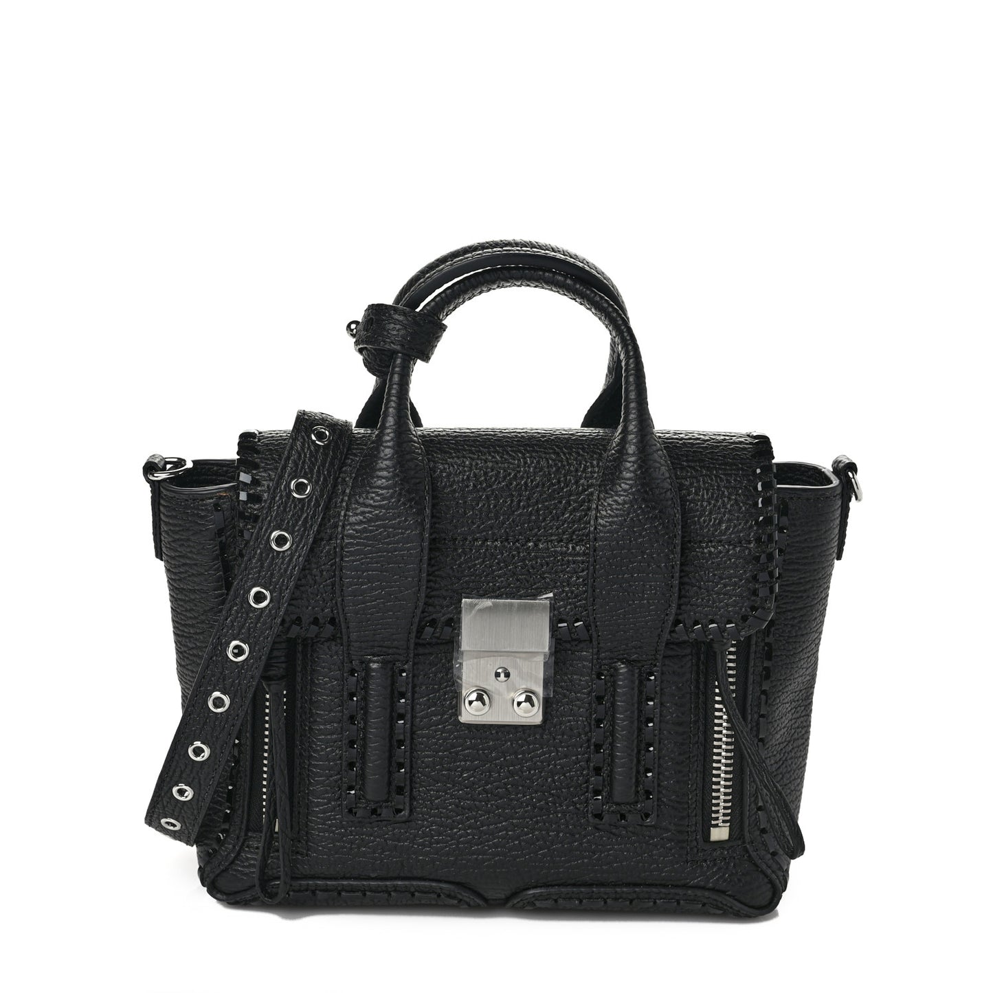 Textured Calfskin Mini Whipstitch Pashli Satchel Black