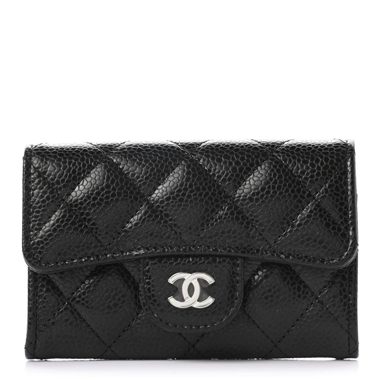 Caviar Quilted Flap Card Holder Wallet Black