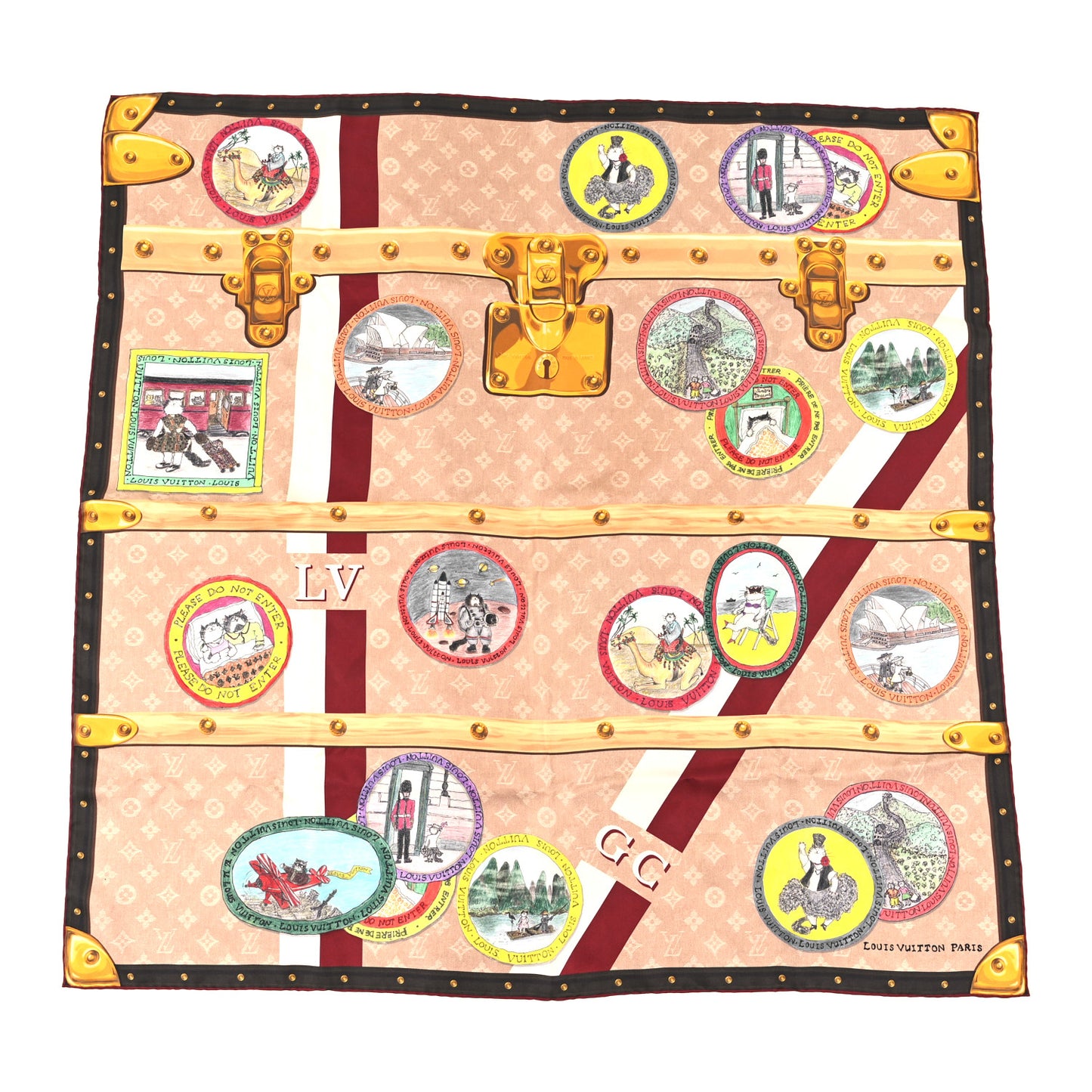 Silk Monogram LV Trunk Square 90 Scarf Beige