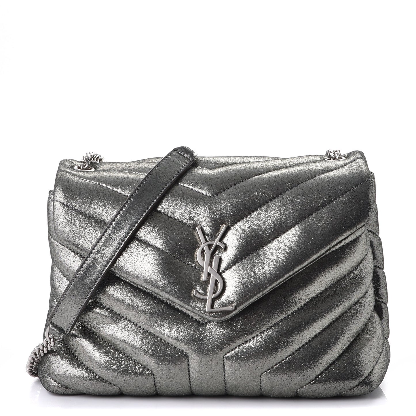 Metallic Calfskin Y Calfskin Monogram Small Loulou Chain Satchel Dark Grey