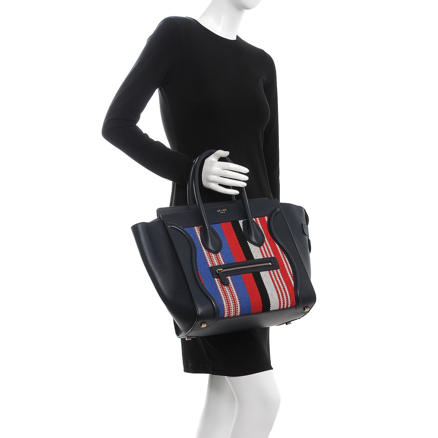 Smooth Calfskin Striped Cotton Canvas Mini Luggage Navy Blue