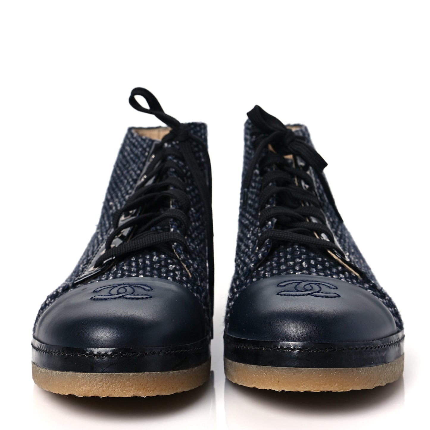 Tweed Calfskin Patent CC Lace Up Short Boots 42 Black Grey Dark Navy
