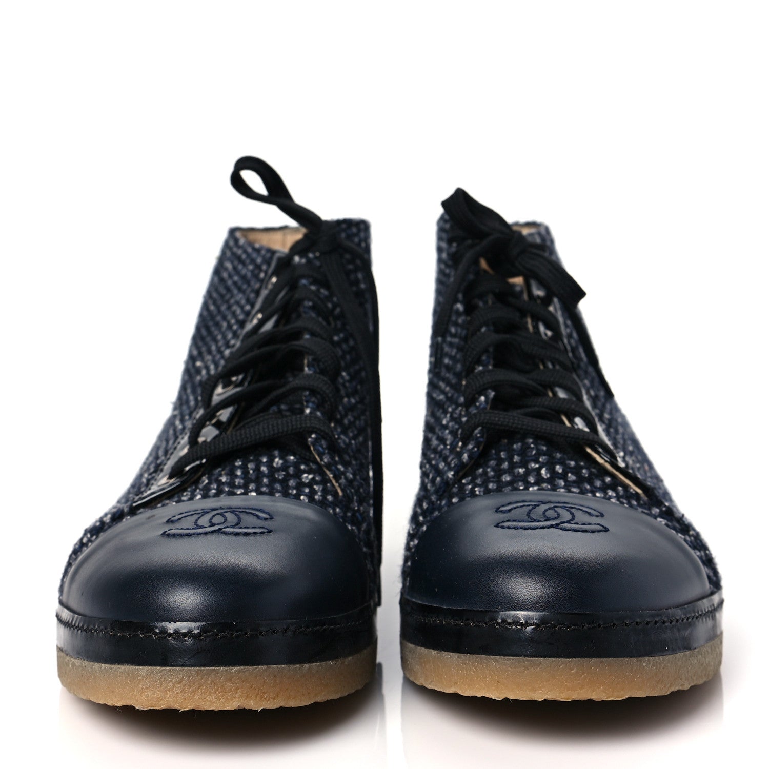 Chanel Tweed Calfskin Patent CC Lace Up Short Boots 42 Black Grey Dark Navy 2 of 8