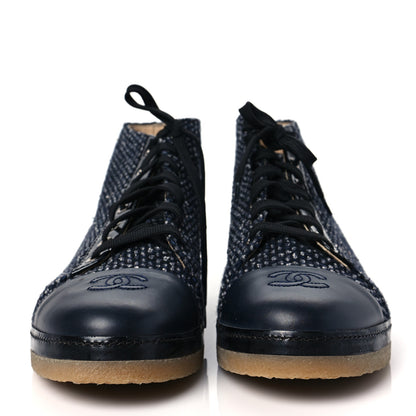 Chanel Tweed Calfskin Patent CC Lace Up Short Boots 42 Black Grey Dark Navy 2 of 8