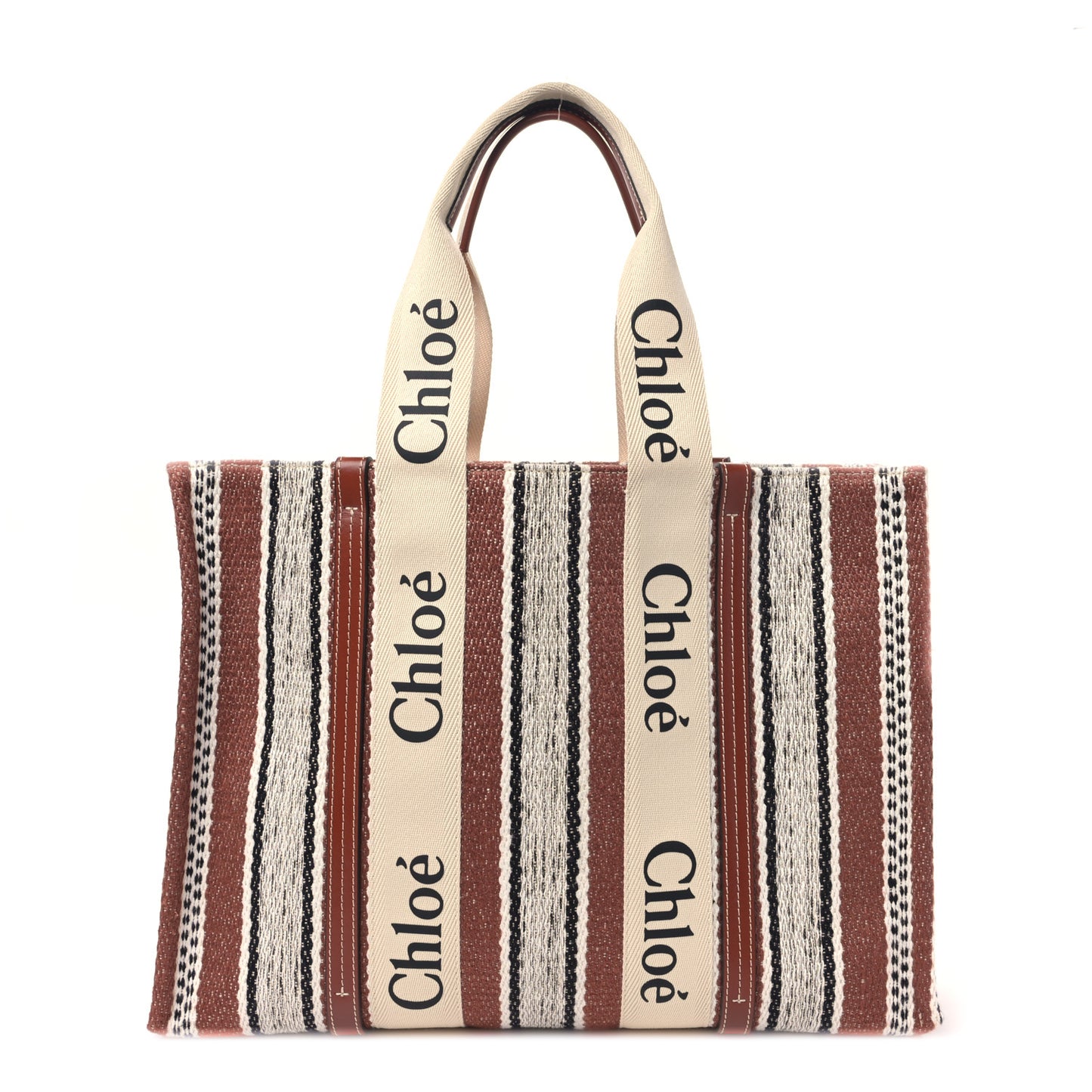 Woven Linen Large Woody Striped Ribbon Tote Sepia Brown