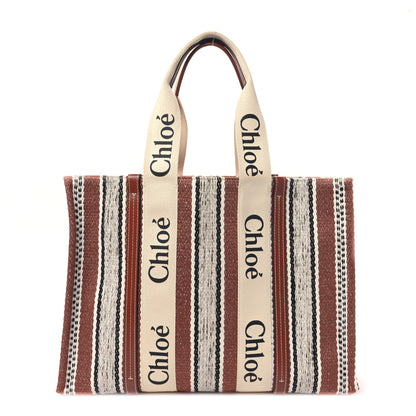 Chloe Woven Linen Large Woody Striped Ribbon Tote Sepia Brown 1 of 8