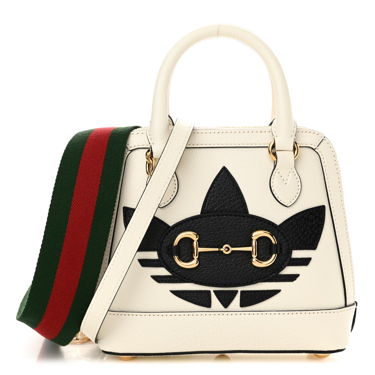 Gucci X ADIDAS Textured Dollar Calfskin Web Trefoil Mini Horsebit 1955 Top Handle Bag Off White Black 1 of 11