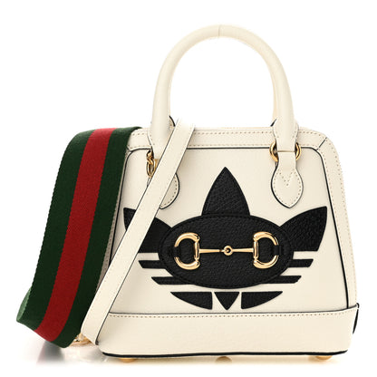 Gucci X ADIDAS Textured Dollar Calfskin Web Trefoil Mini Horsebit 1955 Top Handle Bag Off White Black 1 of 11