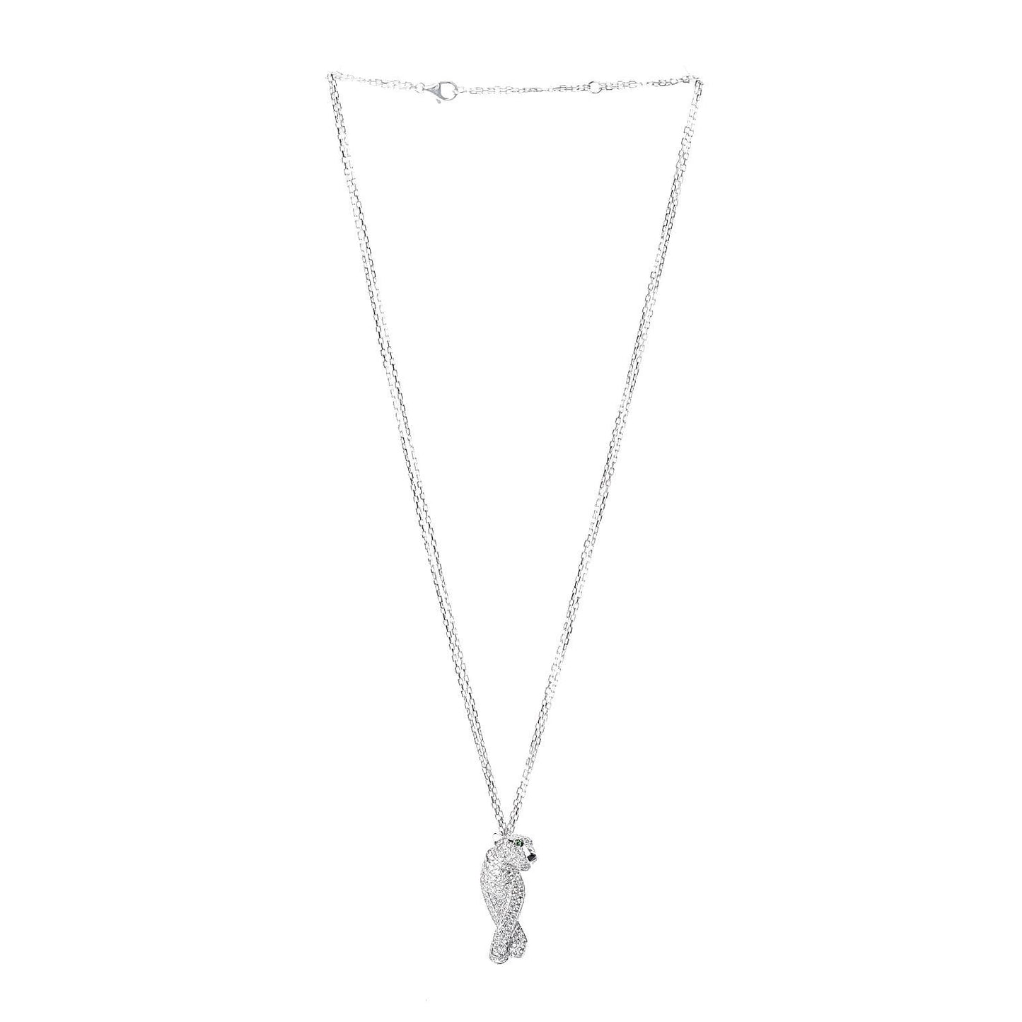 18K White Gold Diamond Onyx Emerald Panthere De Pendant Necklace