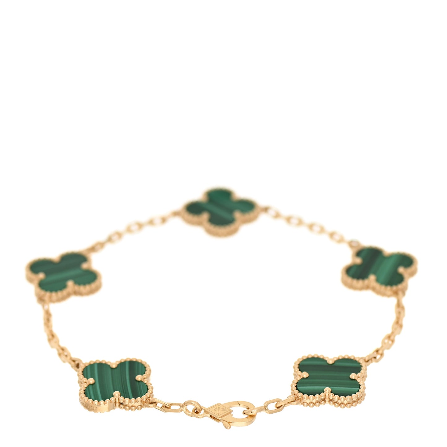 18K Yellow Gold Malachite 5 Motifs Vintage Alhambra Bracelet