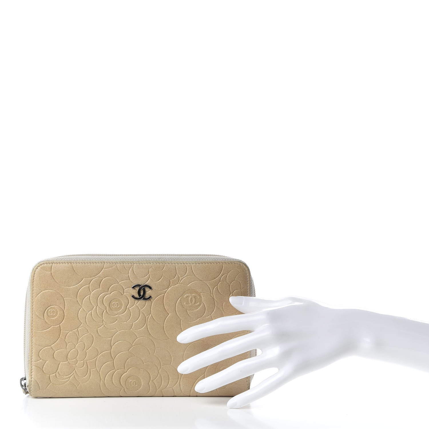 Chanel Lambskin Camellia Embossed Zip Around Organizer Wallet Light Beige 2 of 7