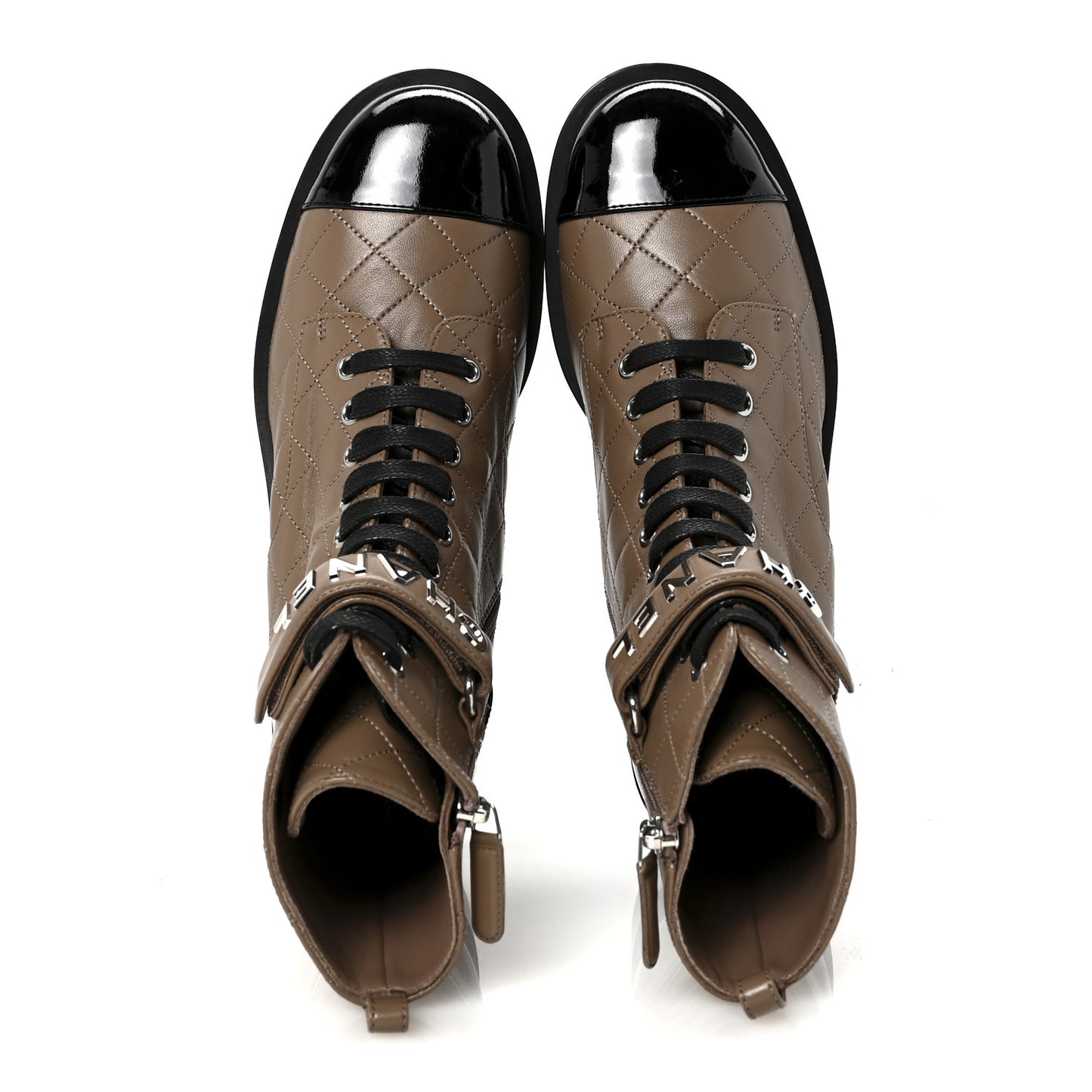 Lambskin Patent Calfskin Quilted Logo Lace Up Combat Boots 40.5 Light Gray Black