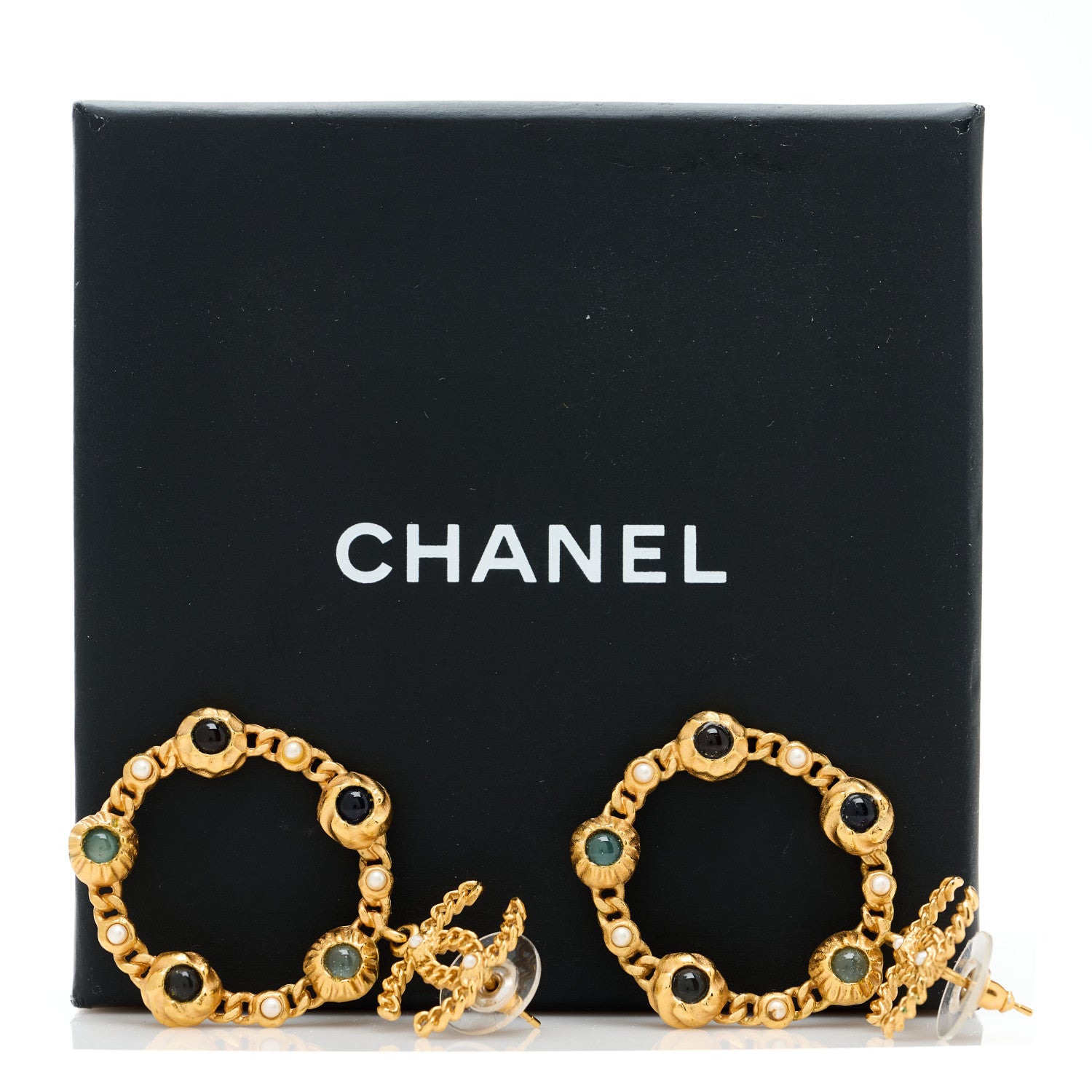 Chanel Pearl Gripoix CC Chain Drop Hoop Earrings Gold 5 of 5