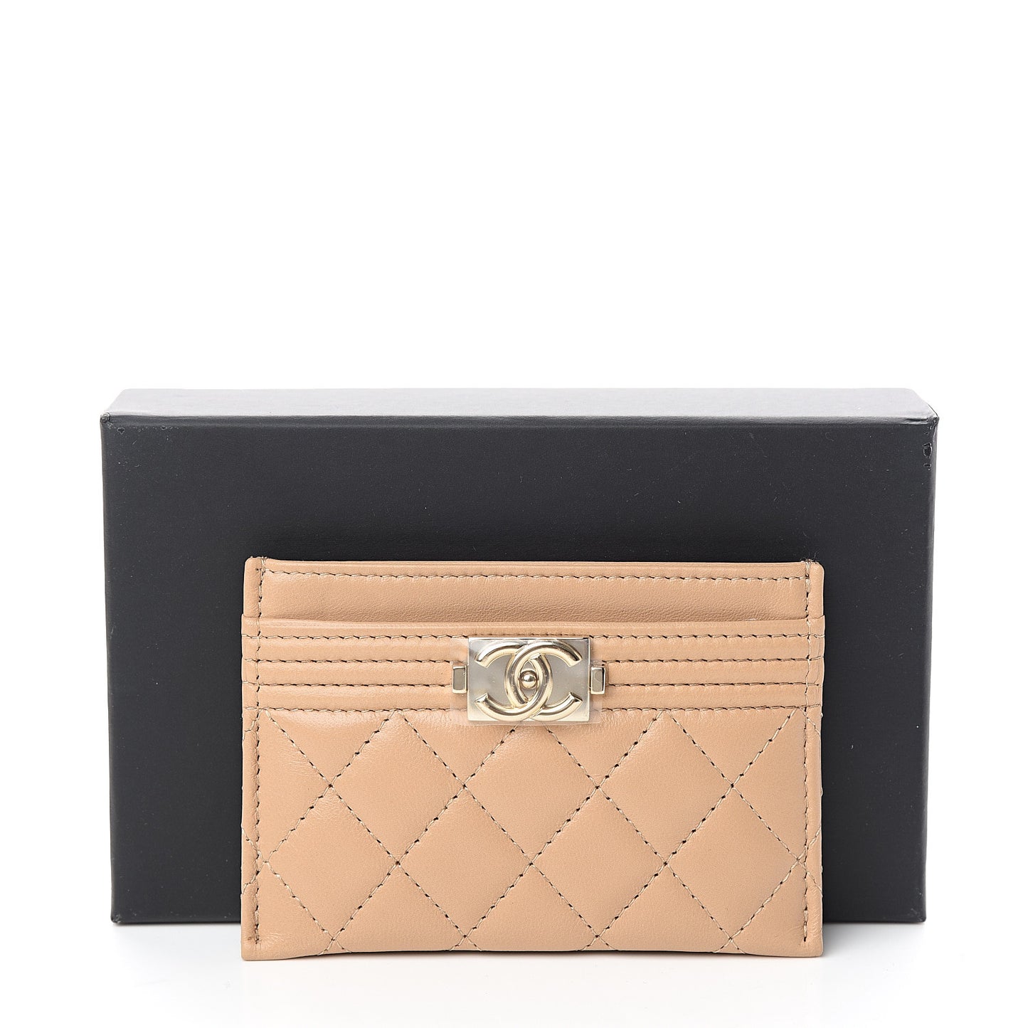 Lambskin Quilted Boy Card Holder Beige