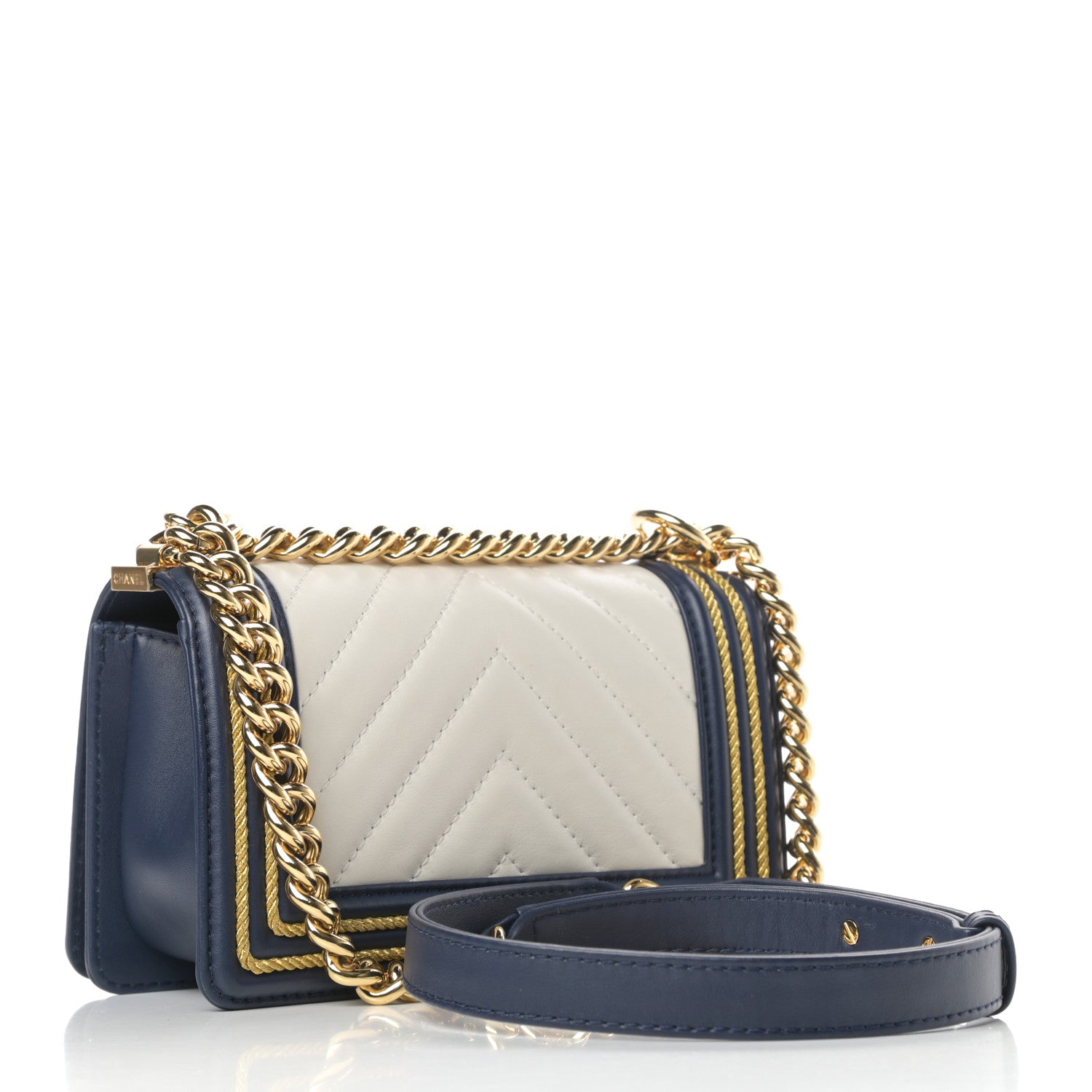 Chanel Calfskin Chevron Quilted Braided Small Boy Flap White Navy 3 of 11