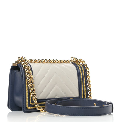 Chanel Calfskin Chevron Quilted Braided Small Boy Flap White Navy 3 of 11