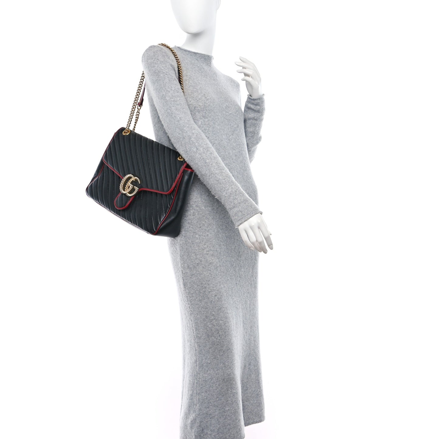 Vintage Effect Calfskin Matelasse Diagonal Large Torchon GG Marmont Shoulder Bag Black Romantic Cherry
