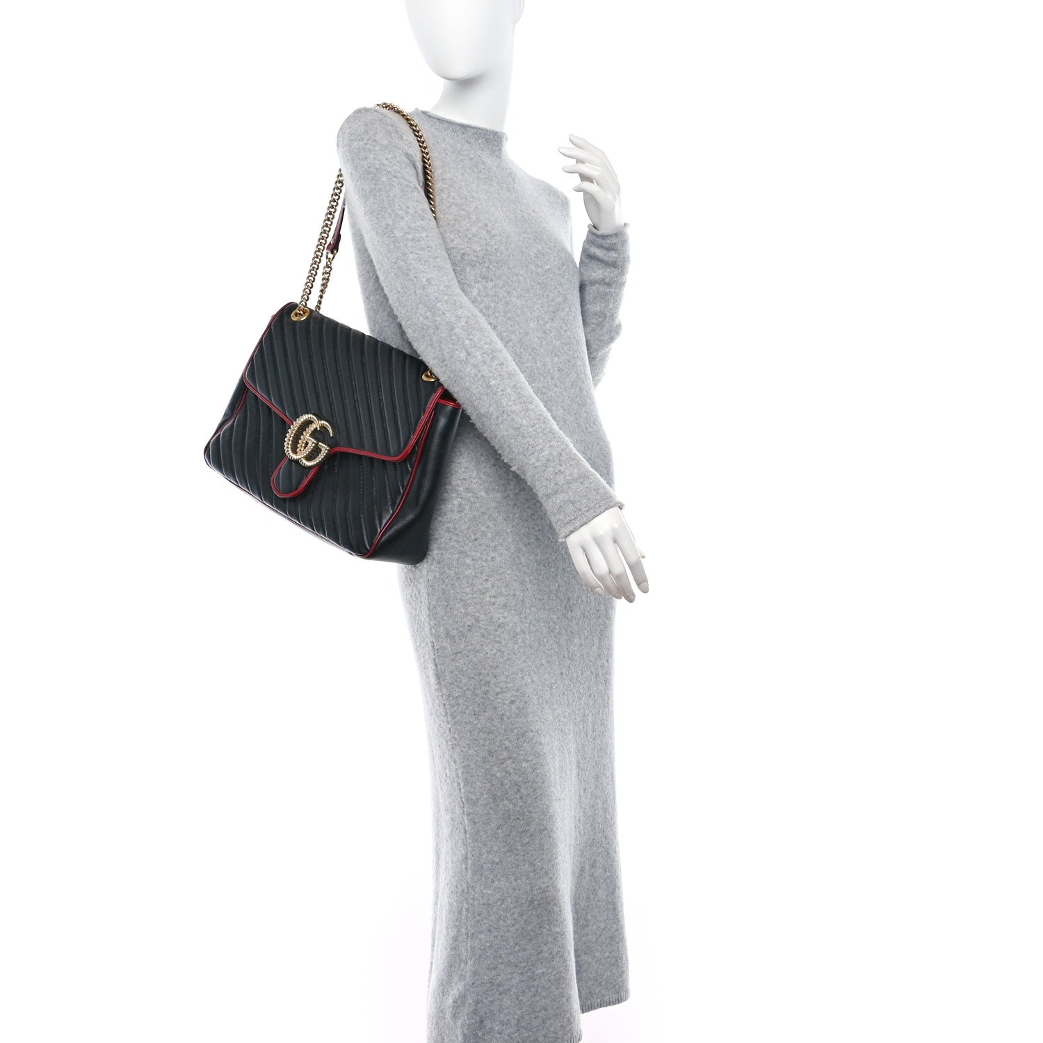 Gucci Vintage Effect Calfskin Matelasse Diagonal Large Torchon GG Marmont Shoulder Bag Black Romantic Cherry 2 of 9