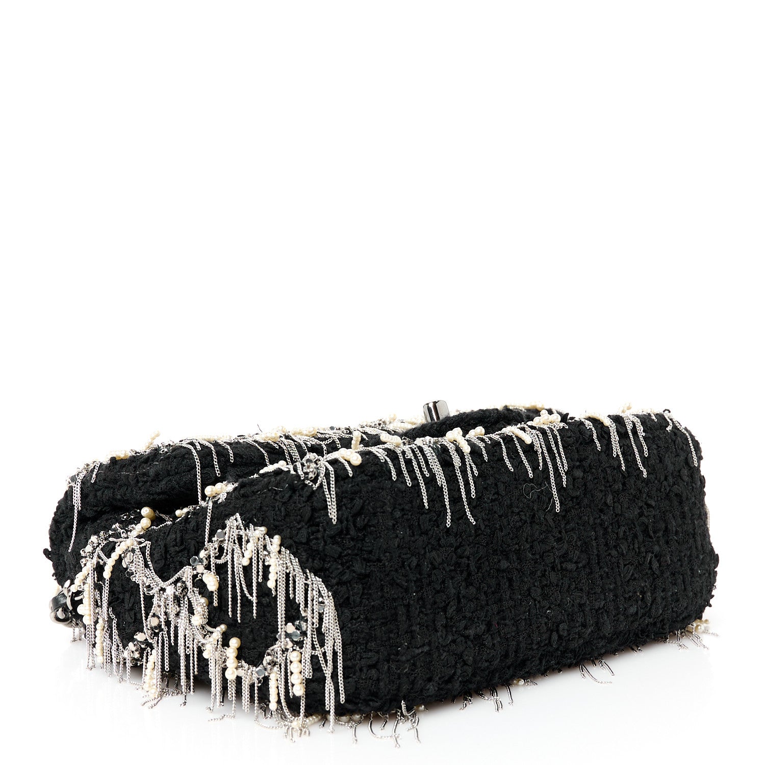 Chanel Tweed Quilted Pearl Fringe Quilted Mini Flap Bag Black Silver 4 of 11