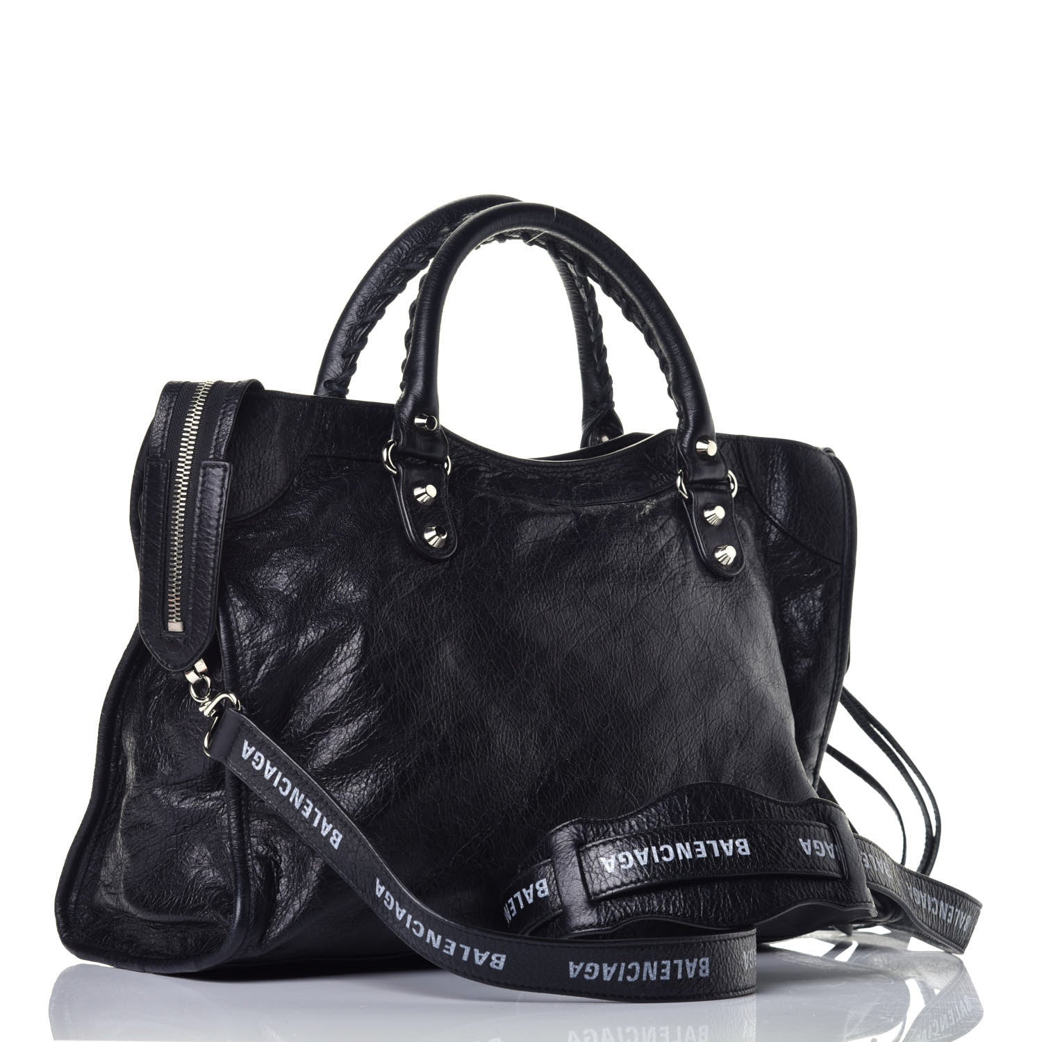 Balenciaga Agneau Classic Silver Hardware City Logo Strap Black White 3 of 9