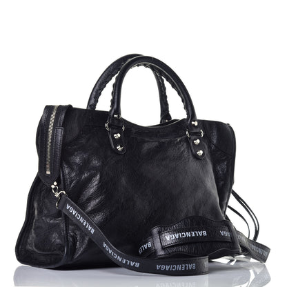 Balenciaga Agneau Classic Silver Hardware City Logo Strap Black White 3 of 9