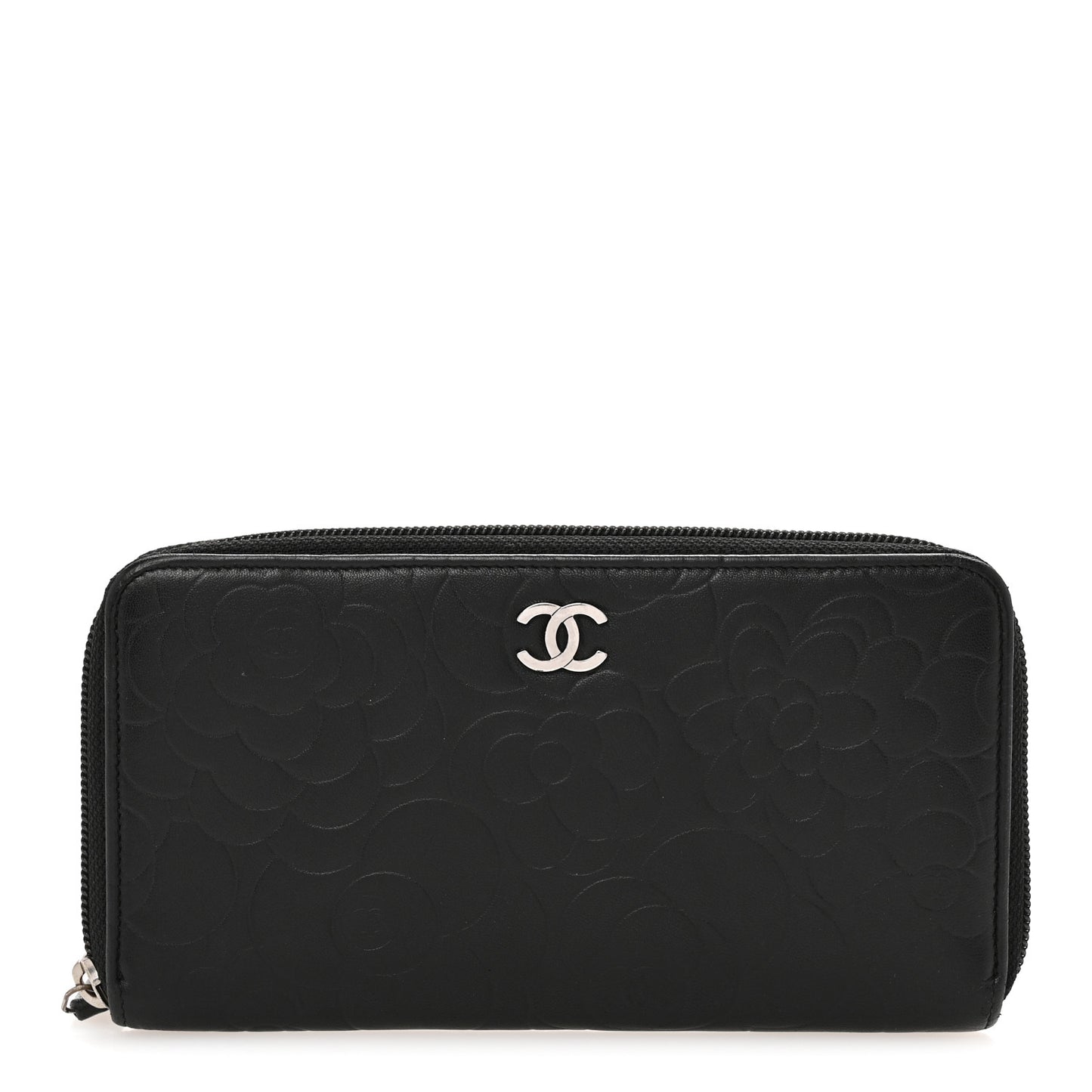 Lambskin Camellia Embossed Large Zip Around Gusset Wallet Black