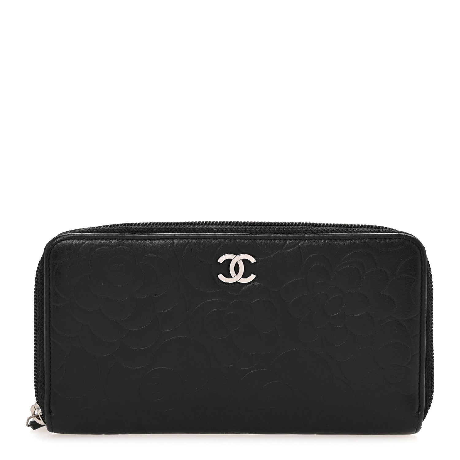 Chanel Lambskin Camellia Embossed Large Zip Around Gusset Wallet Black 1 of 13