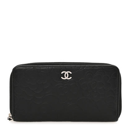 Chanel Lambskin Camellia Embossed Large Zip Around Gusset Wallet Black 1 of 13