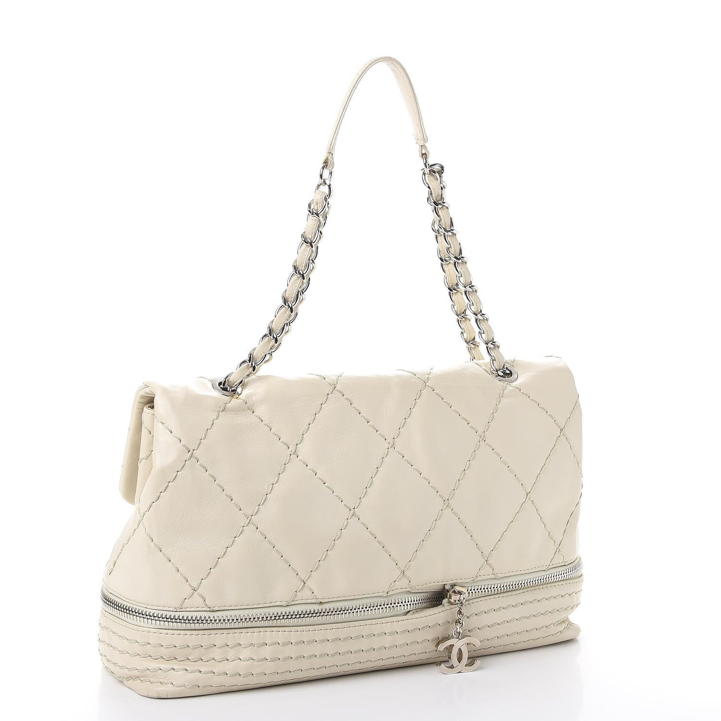 Calfskin Stitched Large Expandable Flap Bag White