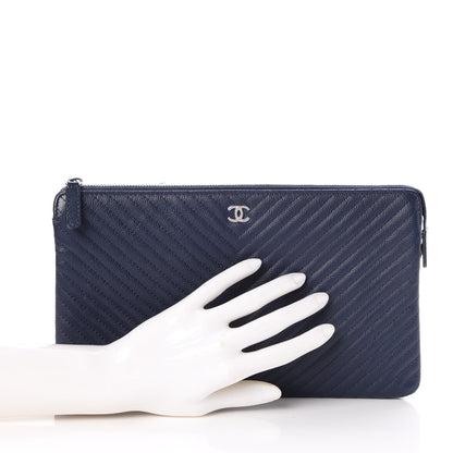 Chanel Caviar Chevron Quilted Large Zipped Clutch Navy 2 of 9