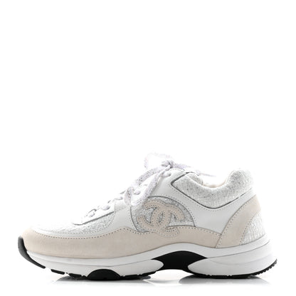 Chanel Painted Iridescent Cotton Tweed Suede Womens CC Sneakers 37 White Silver Multicolor 1 of 11