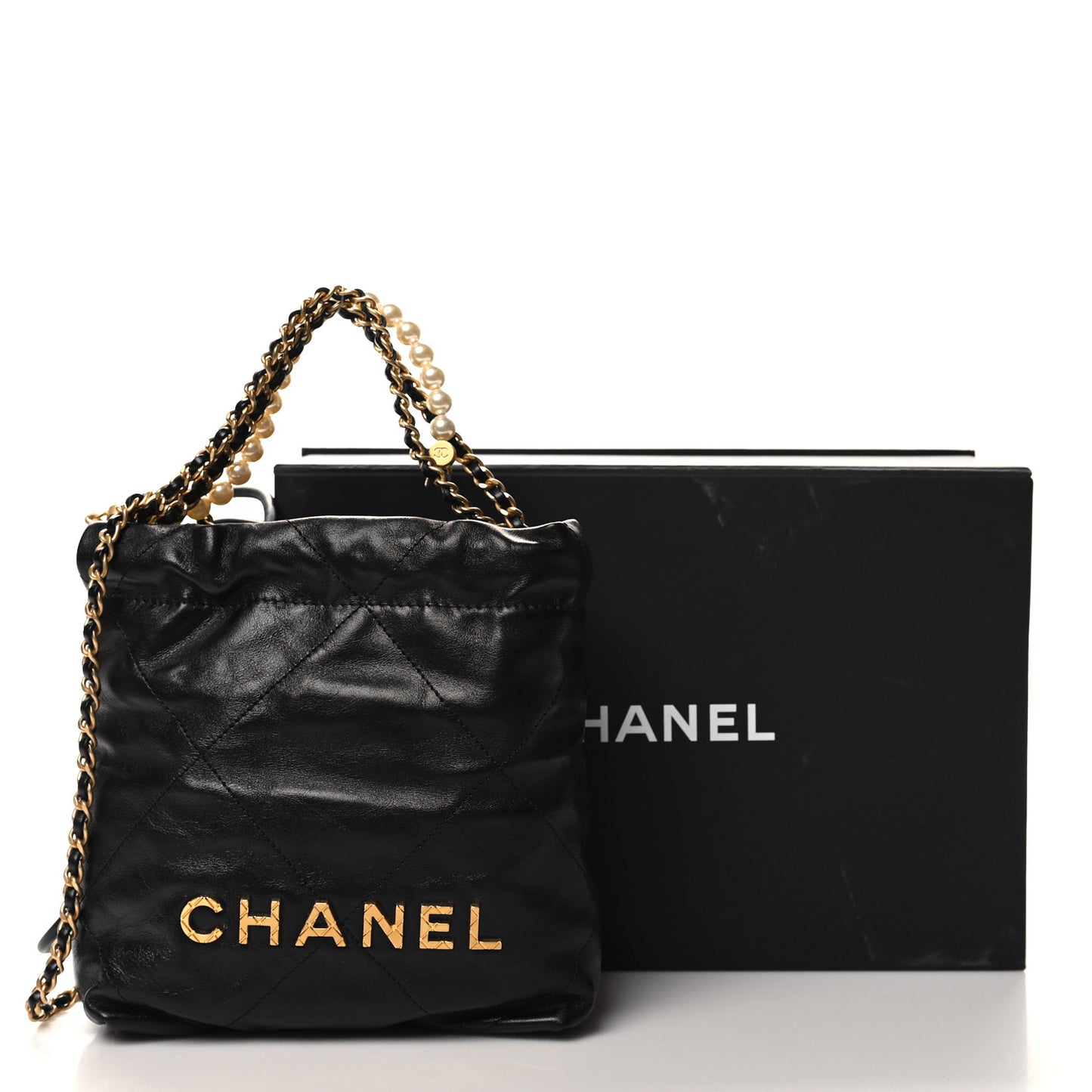 Shiny Crumpled Calfskin Quilted Pearl Mini Chanel 22 Black