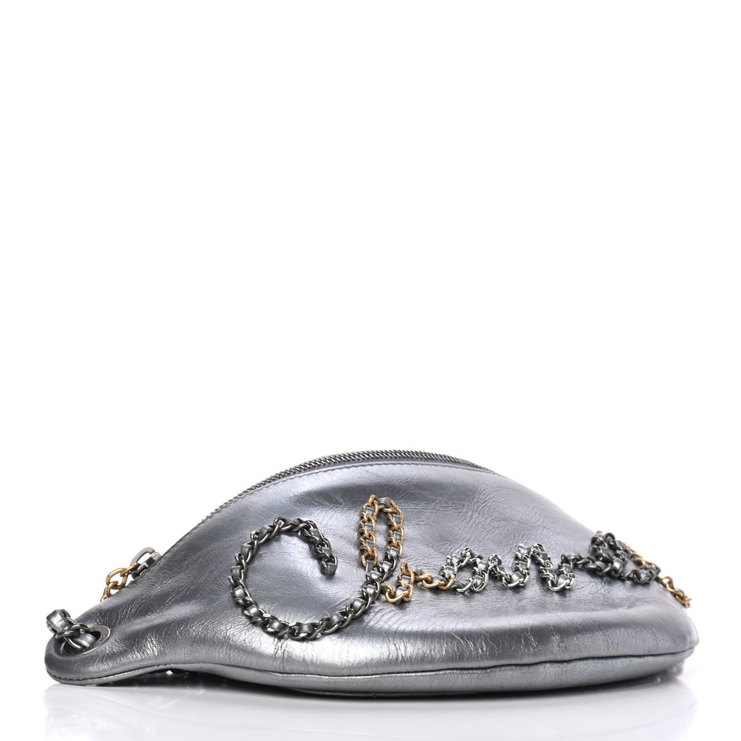 Metallic Crumpled Calfskin Chain 20s Signe Waist Bag Silver