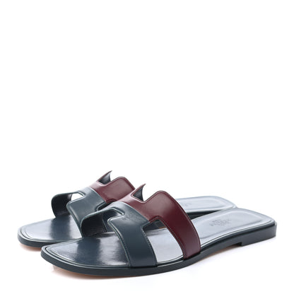 Hermes Box Calfskin Oran Sandals 39.5 Bleu Ardoise Bordeaux 3 of 8