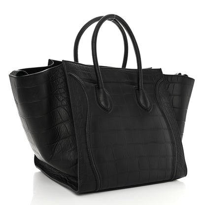 Celine Crocodile Embossed Calfskin Medium Phantom Luggage Black 3 of 9