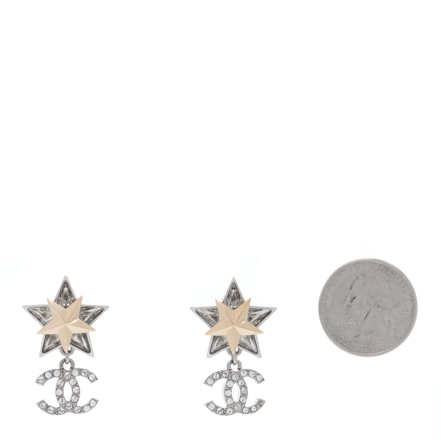 Chanel Crystal CC Star Drop Earrings Silver Gold 2 of 4
