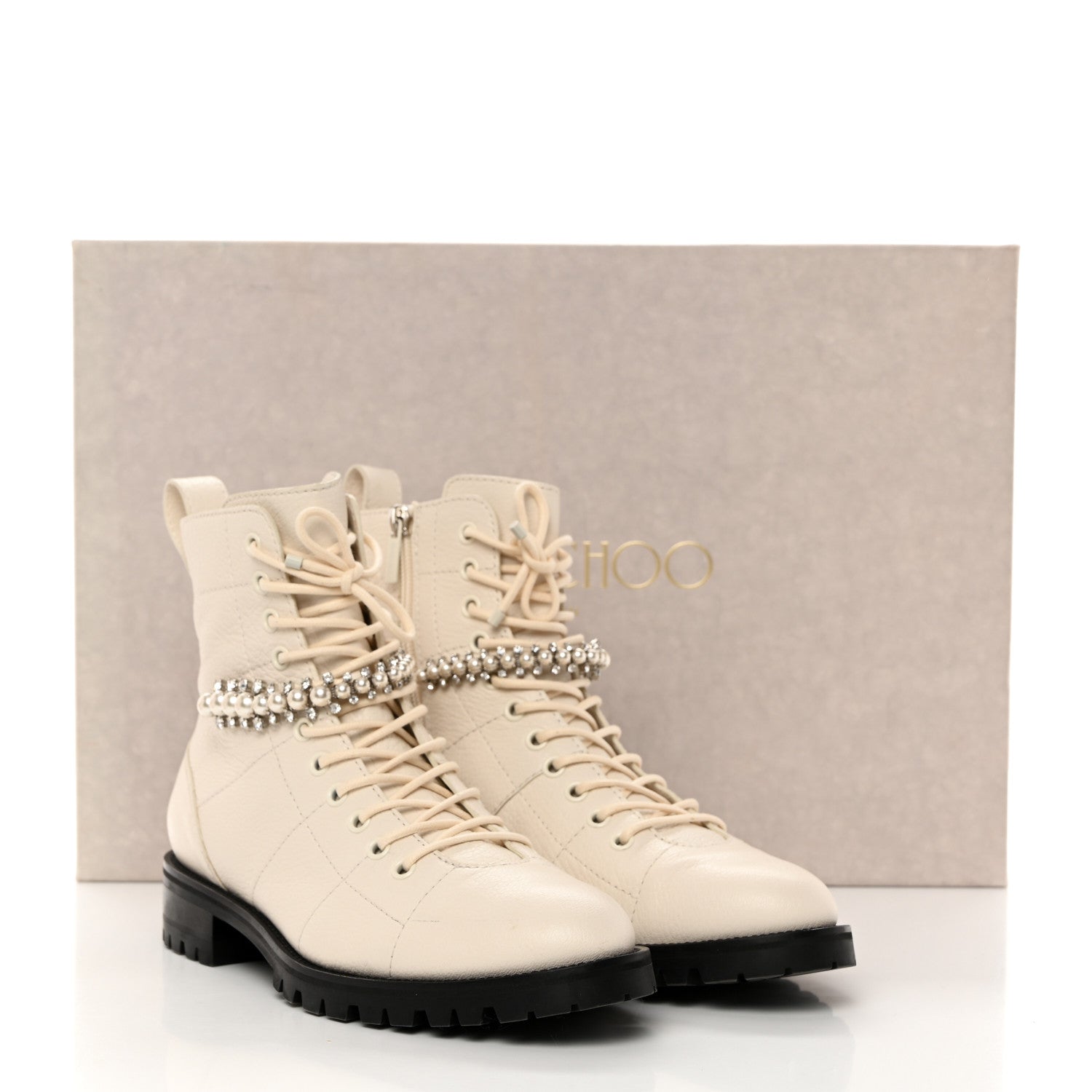 Jimmy Choo Grained Calfskin Crystal Embellished Cruz Combat Boots 39 White 3 of 8