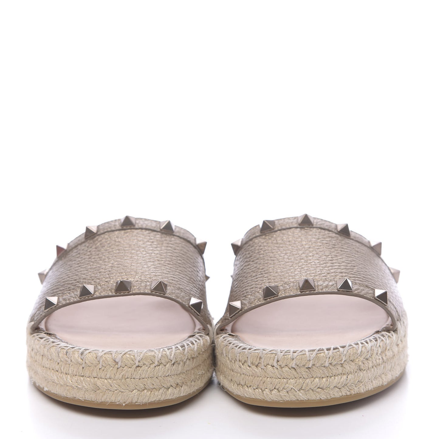 Metallic Grained Calfskin Rockstud Espadrille Flat Slide Sandals 39 Skin Natural