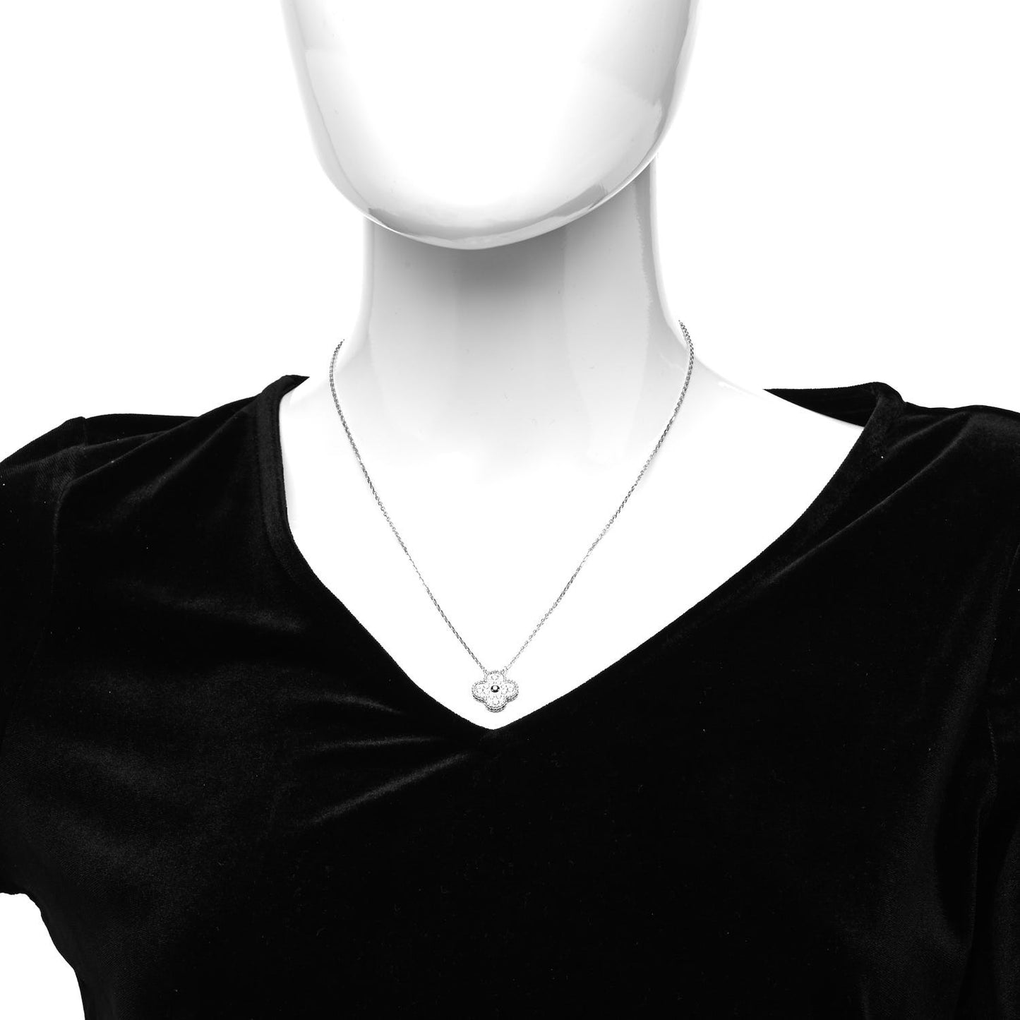 18K White Gold Diamond Vintage Alhambra Pendant Necklace