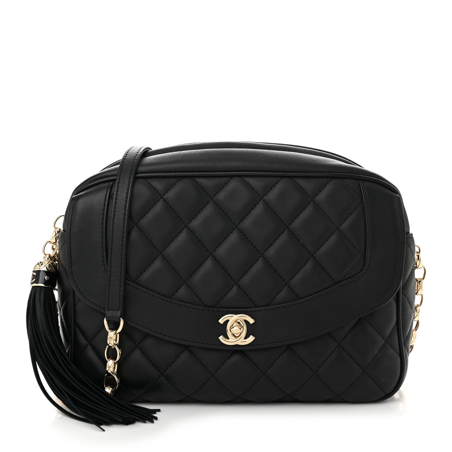 Lambskin Quilted Tassel Flap Camera Case Black