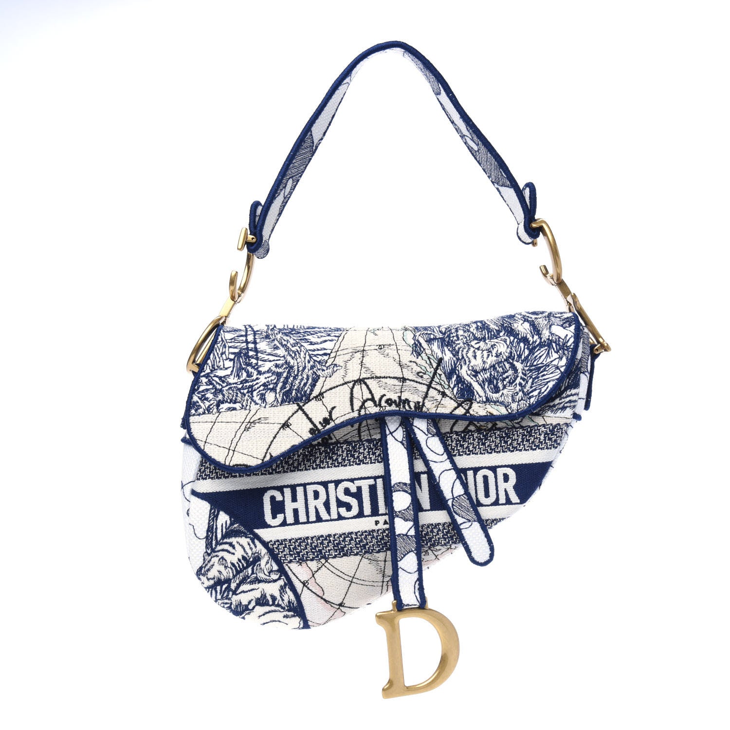 Christian Dior Canvas Embroidered Around the World Saddle Bag Blue 1 of 11