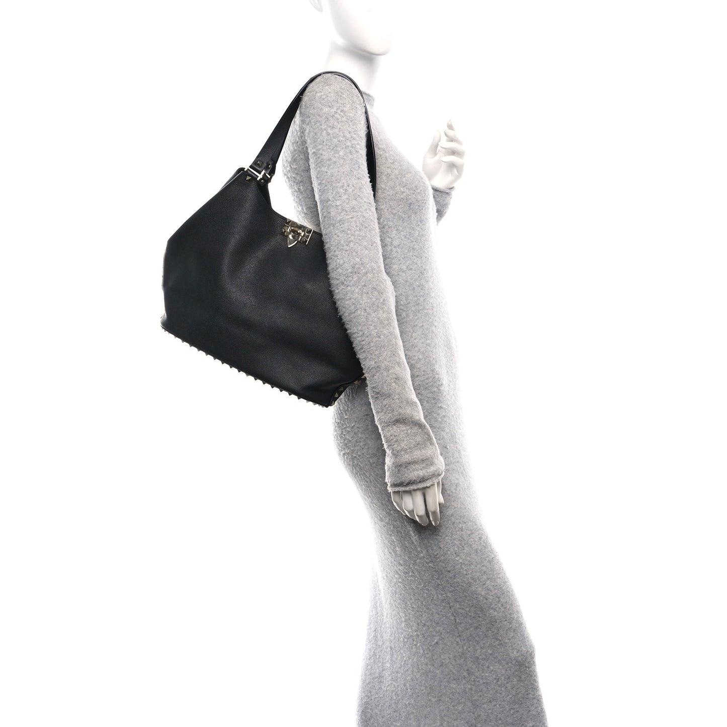 Grained Calfskin Small Rockstud Tote Black