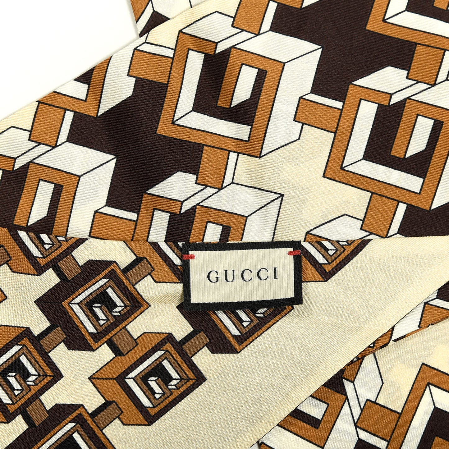 Silk Twill Isometric G Neck Bow Scarf Brown Ivory