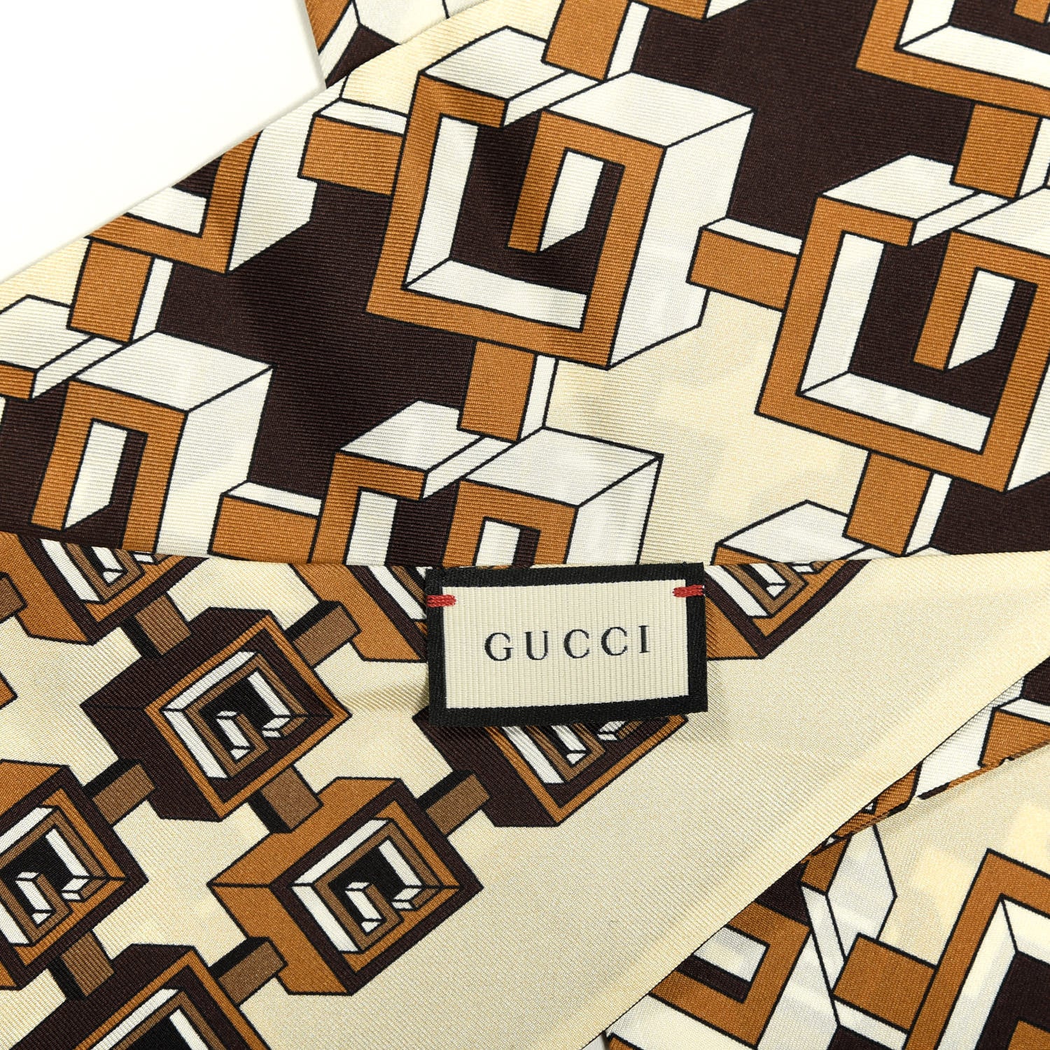 Gucci Silk Twill Isometric G Neck Bow Scarf Brown Ivory 2 of 4