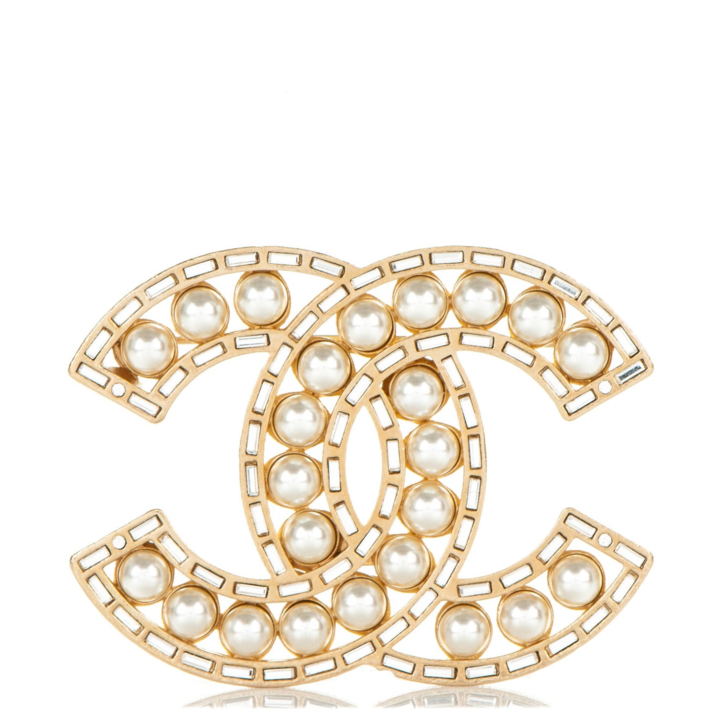 Pearl Baguette Crystal CC Brooch Gold