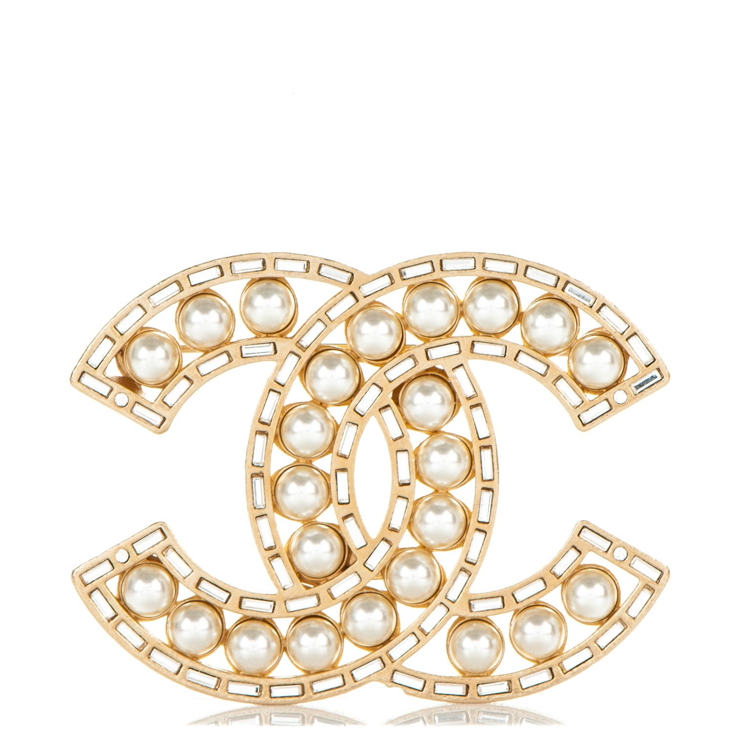 Chanel Pearl Baguette Crystal CC Brooch Gold 1 of 4