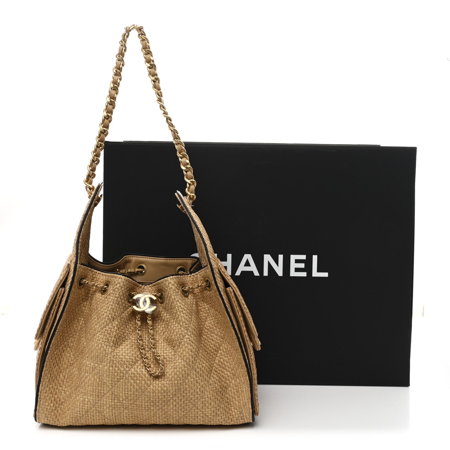 Chanel Braided Raffia Calfskin Small Chanel 25 Handbag Beige Black 11 of 11